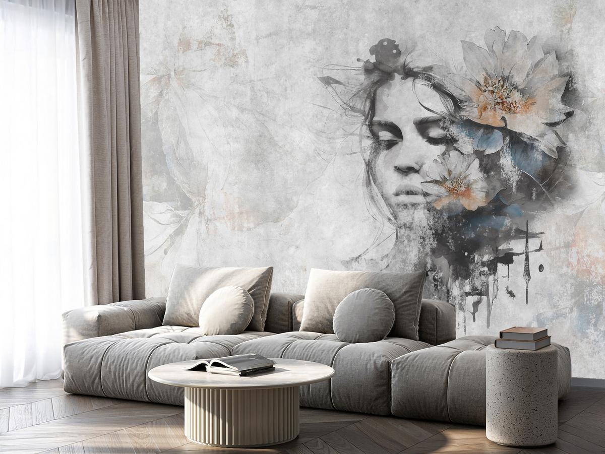 FOTOTAPETE für Wohnzimmer Gesicht Frau Grau Betonwand Blumen 100x70 - Grau, Papier (100/70cm) - Muralo