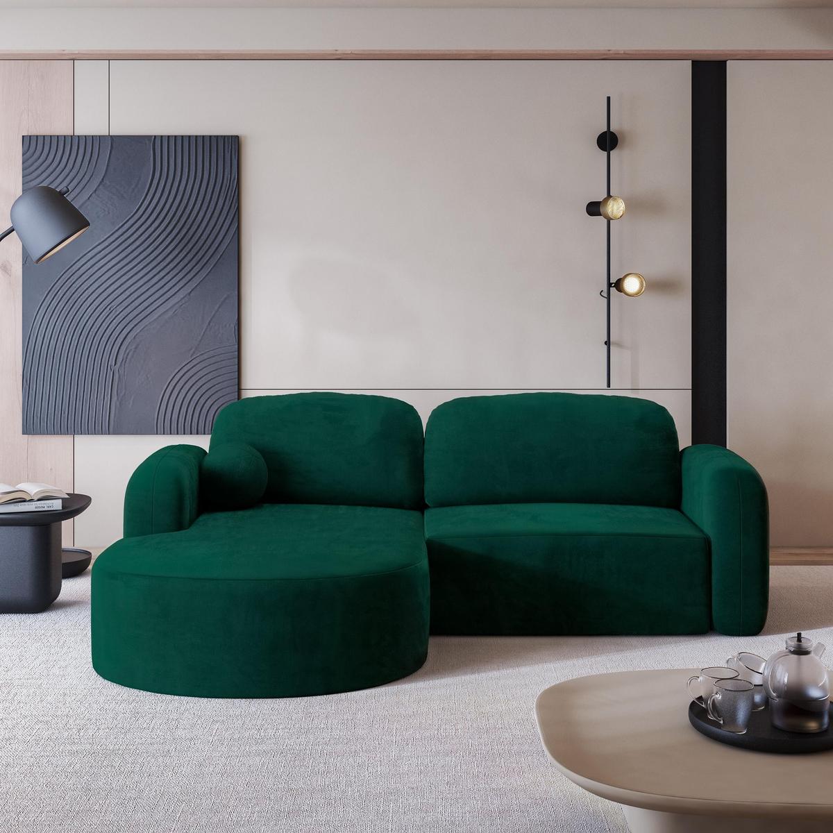 ECKSOFA AMILIA M L-S Grün Velours-Stoff mit Schlaffunktion - Grün, Holz (263/174cm) - MASSENO