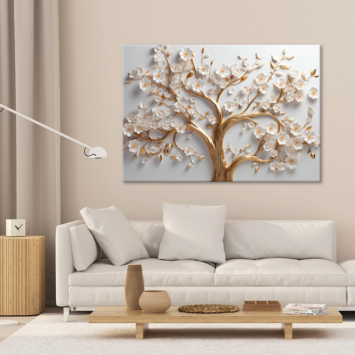 WANDBILD 3d goldener glamourbaum in blüte - Weiß, Textil (60/40cm) - Feeby