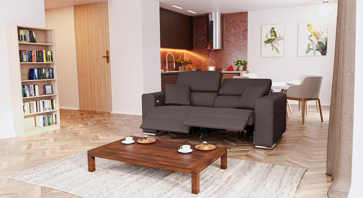SOFA QUARTZ 3-Sitzer mit 2 Relaxfunktionen, dunkelbraun - Dunkelbraun/Silberfarben, Holzwerkstoff/Textil (204/80/102cm) - Wozimo