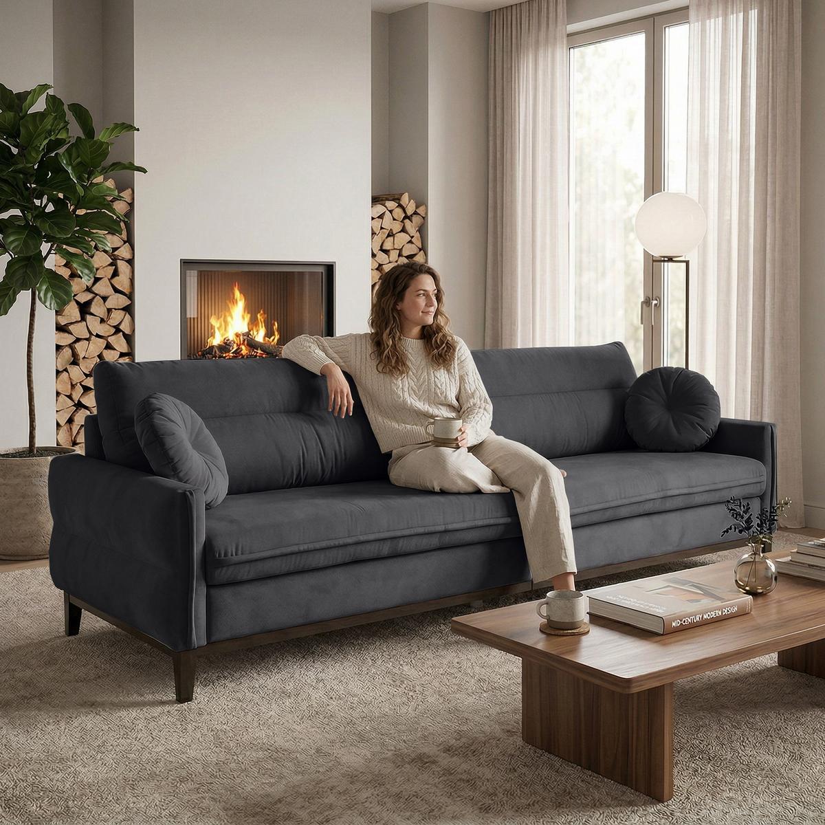 SOFA 3-SITZER Belweder 270 cm, Dunkelgrau, Veloursstoff - Wengefarben/Dunkelgrau, Holz/Textil (268/95/94cm) - Beautysofa