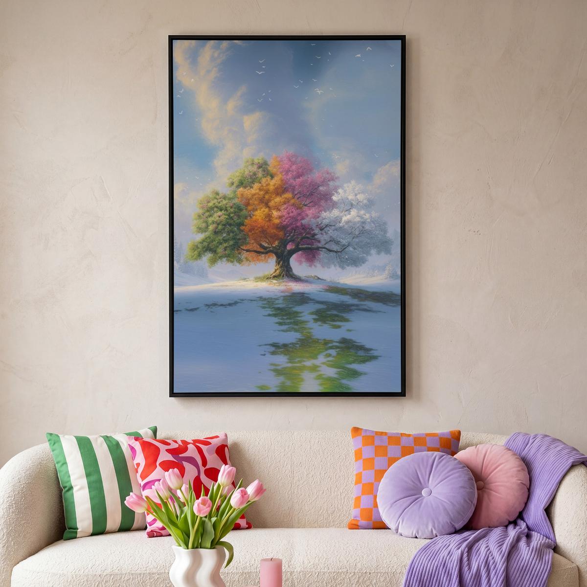 LEINWAND Bilder mit Rahmen - Baum - Jahreszeiten - Winter - Landschaft - 100x150 - Multicolor, Textil (100/150cm) - MuchoWow