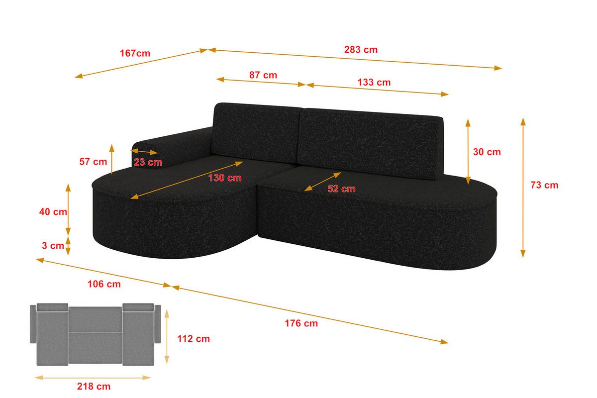 ECKSOFA mit Schlaffunktion und Bettkasten Ottomane Links MARI-L1-S - 283x167x73 cm Schwarz Tissu - Schwarz, Holzwerkstoff/Kunststoff (283/167cm) - ALTDECOR