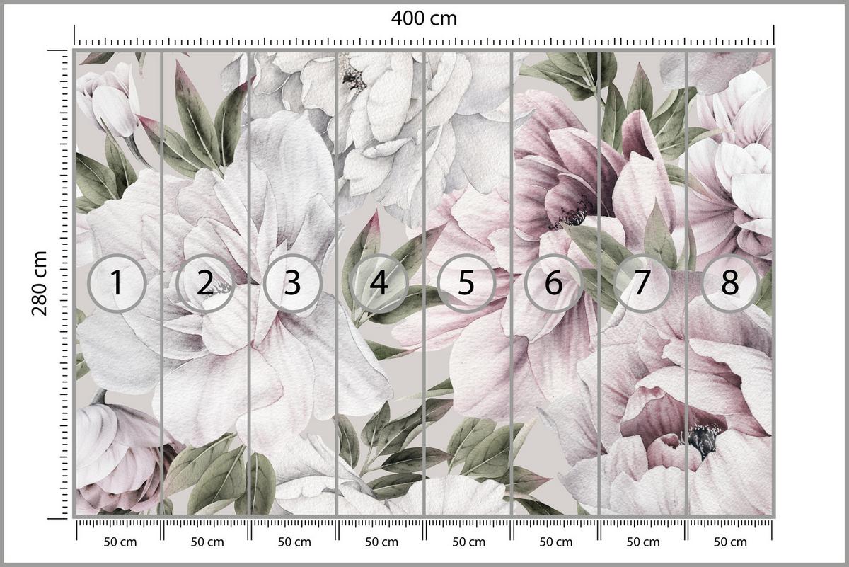 FOTOTAPETE für Schlafzimmer Pastell Pfingstrosen Boho Pflanzen 400x280 - Violett/Rosa, Papier (400/280cm) - Muralo