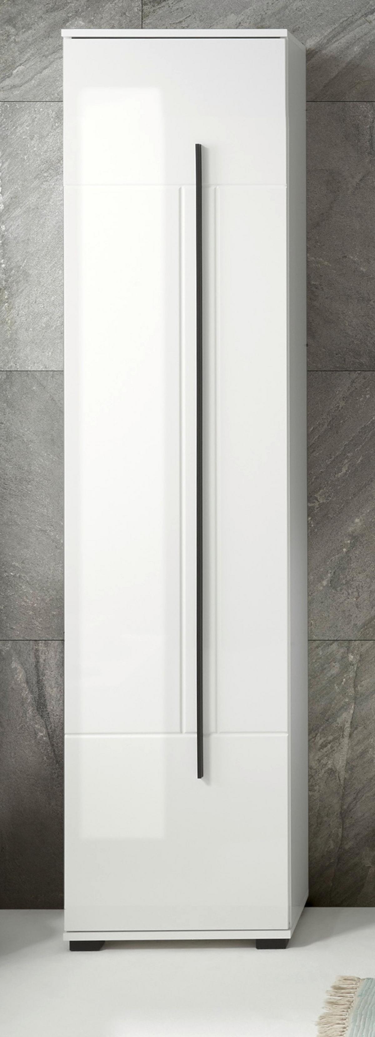 BAD-HOCHSCHRANK weiß Hochglanz, Badschrank 45 x 200 cm mit viel Stauraum - Weiß Hochglanz/Schwarz, Holzwerkstoff/Kunststoff (45/200/35cm) - Furn.Design