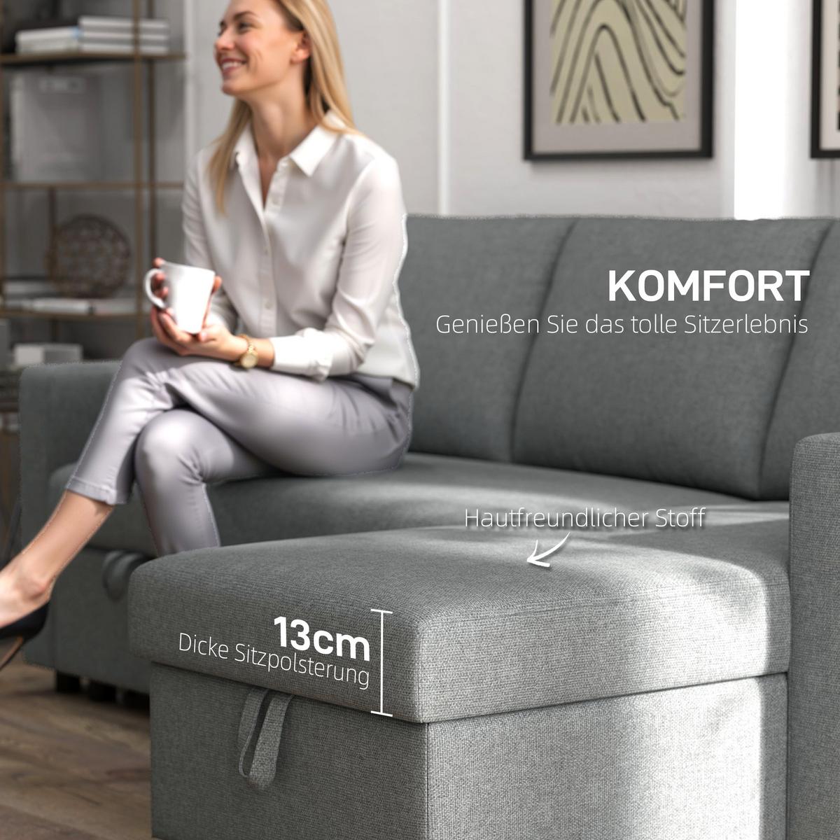 ECKSOFA mit Schlaffunktion Stauraum Eckcouch mit Chaiselongue Schlafsofa L-Form - Hellgrau/Schwarz, Kunststoff/Textil (146/211.5cm) - HOMCOM