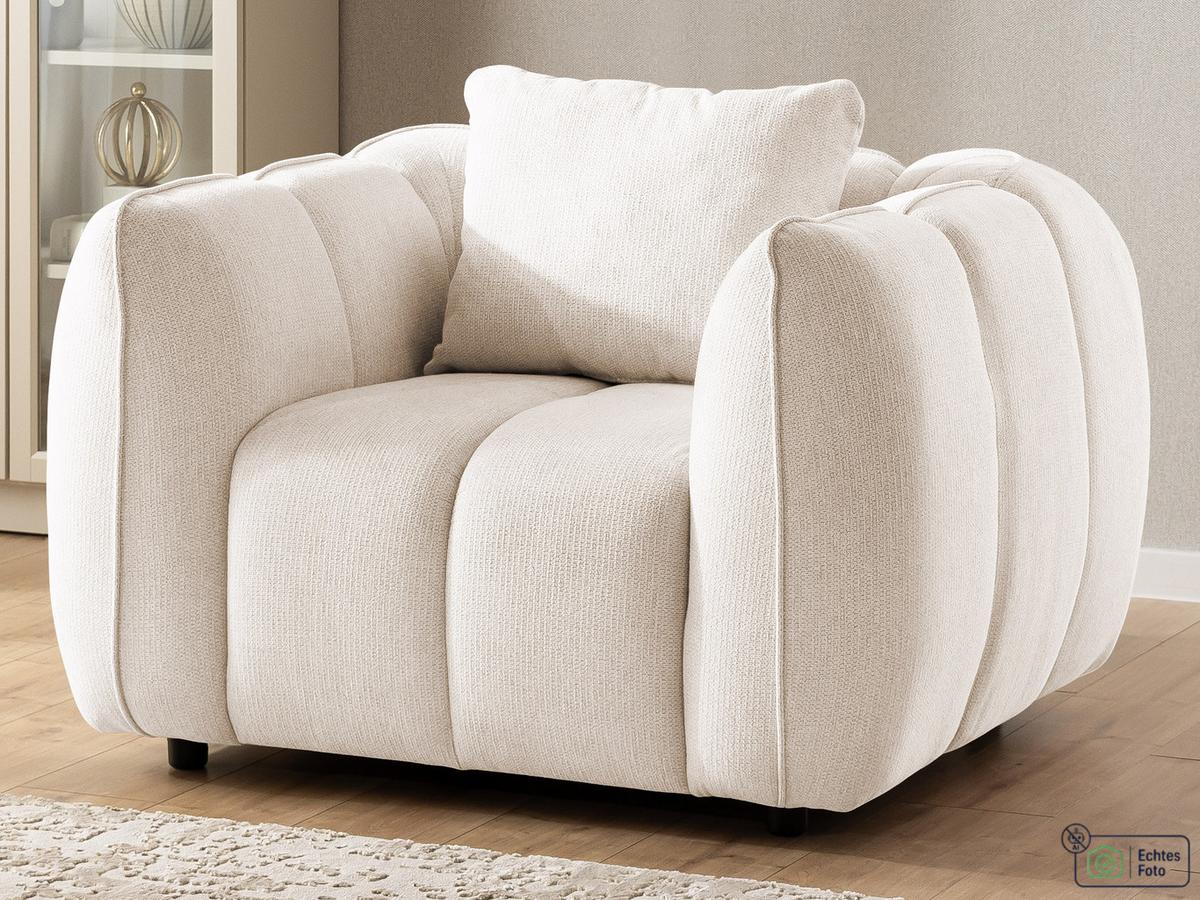 SESSEL Nubira in tief gesteppter Bubble-Optik aus weichem Creme Strukturstoff im modernen Design - Creme/Schwarz, Holz/Kunststoff (115/69/89cm) - S-Style Möbel