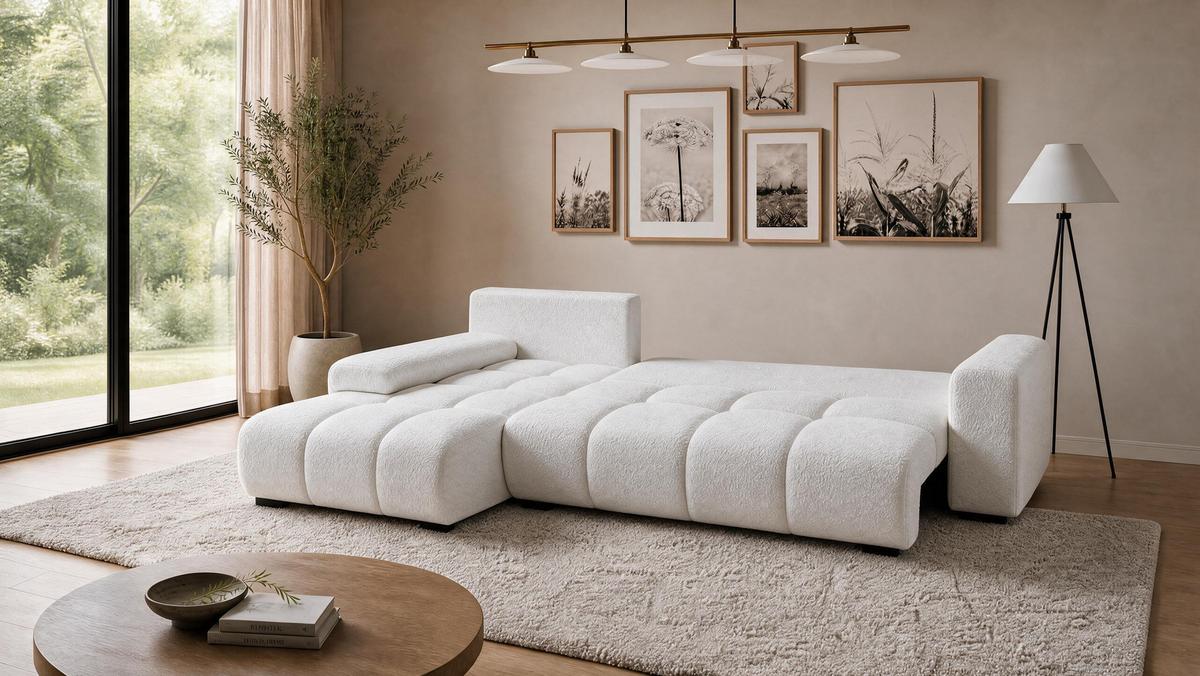 ECKSOFA Ovia mit Bettkasten und Schlaffunktion, Bouclé-Stoff in L-Form - Weiß, Textil (270/185cm)