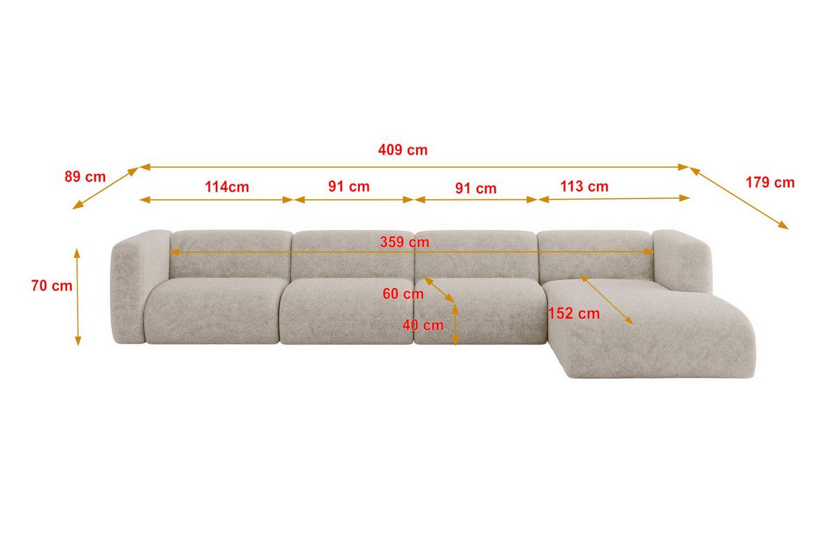 ECKSOFA Ottomane Rechts MIRA-L3 409x179x70 Beige Velours - Beige/Schwarz, Holzwerkstoff/Kunststoff (409/179cm) - ALTDECOR