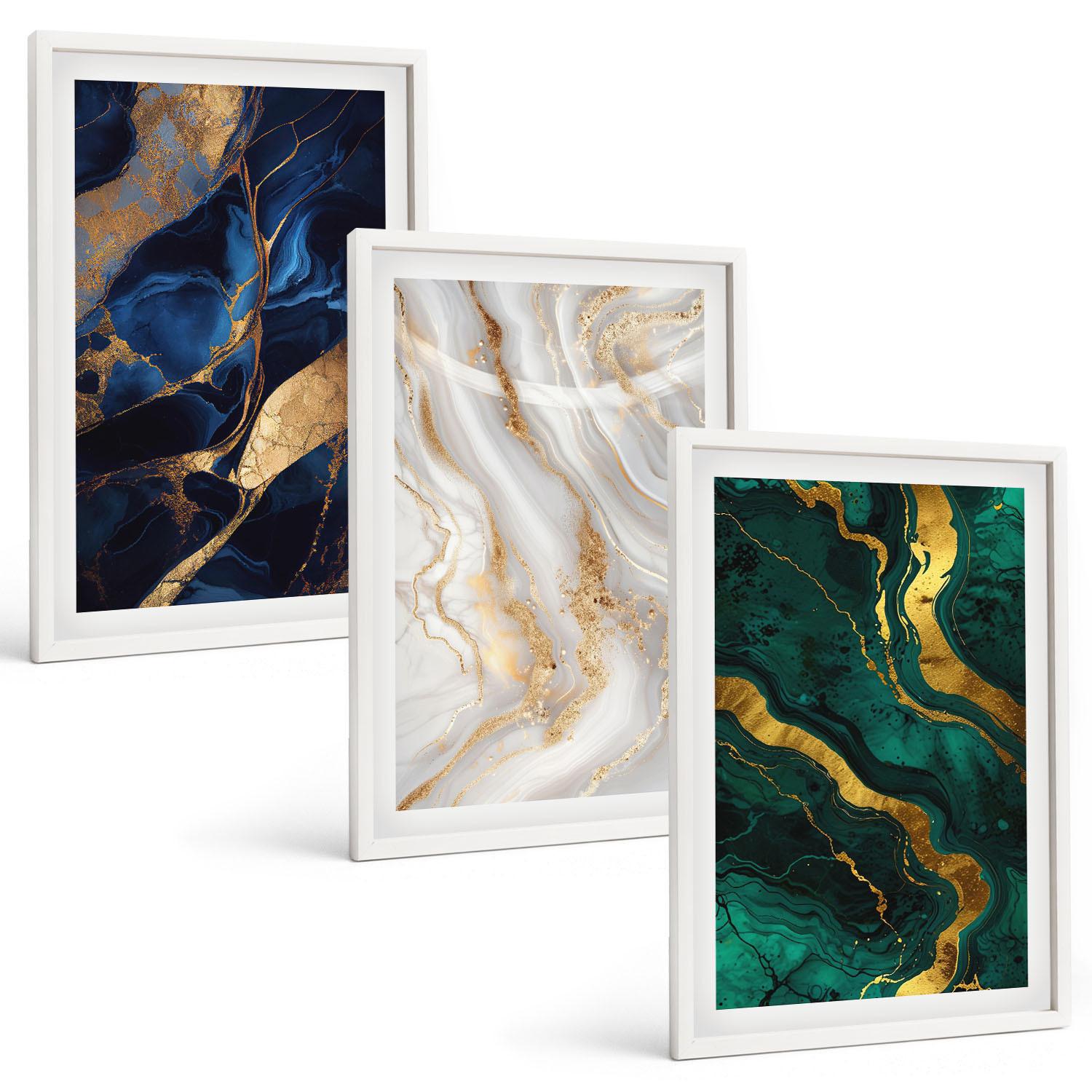 BILDER SET 3er Set - 40x60 cm Weißer Rahmen - Abstrakte blaugrüne Muster - Weiß, Kunststoff (40/60cm) - TULUP