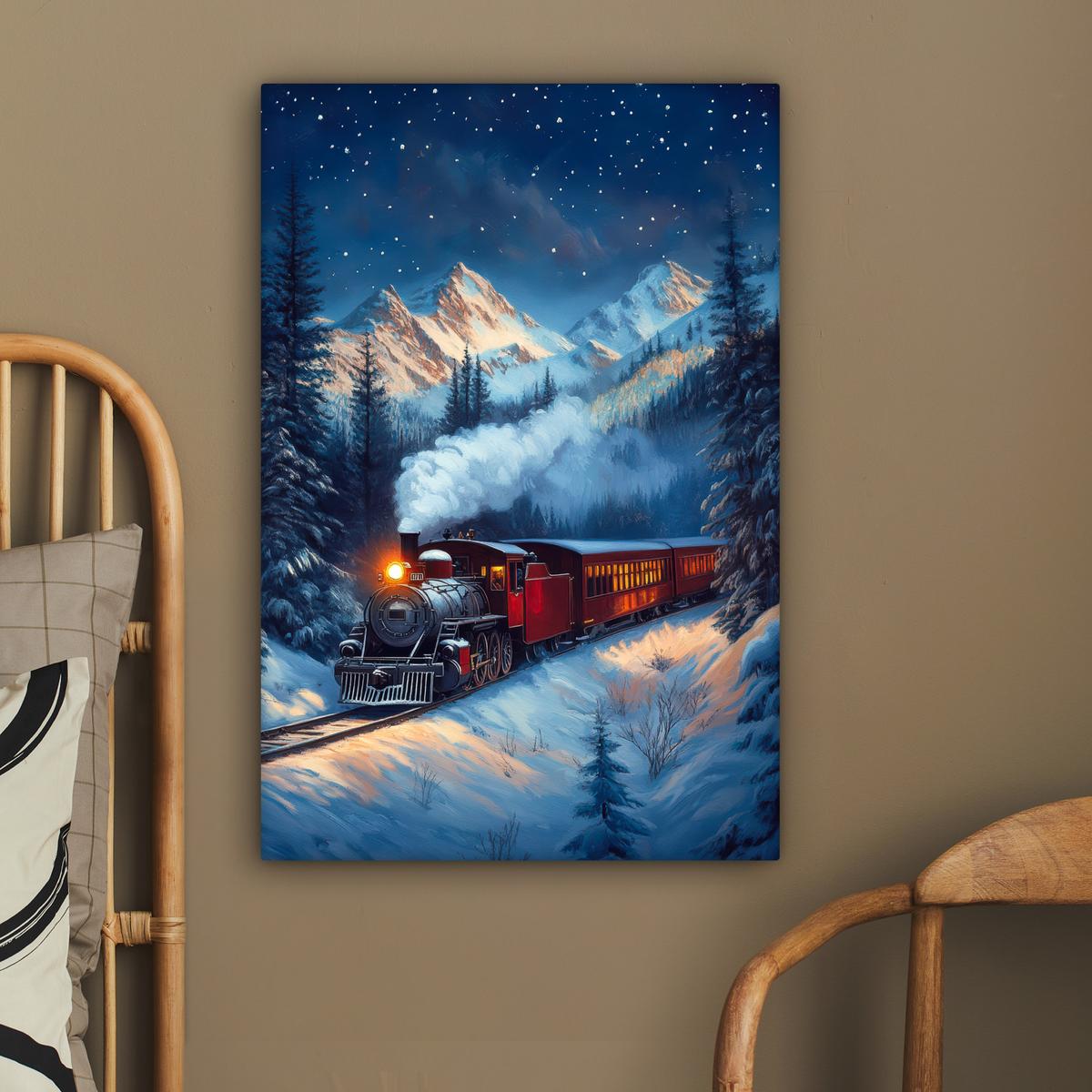 LEINWANDBILD Zug - Weihnachten - Schnee - Weihnachtszug Wanddeko Schlafzimmer 60x90 cm - Anthrazit, Textil (60/90cm) - MuchoWow