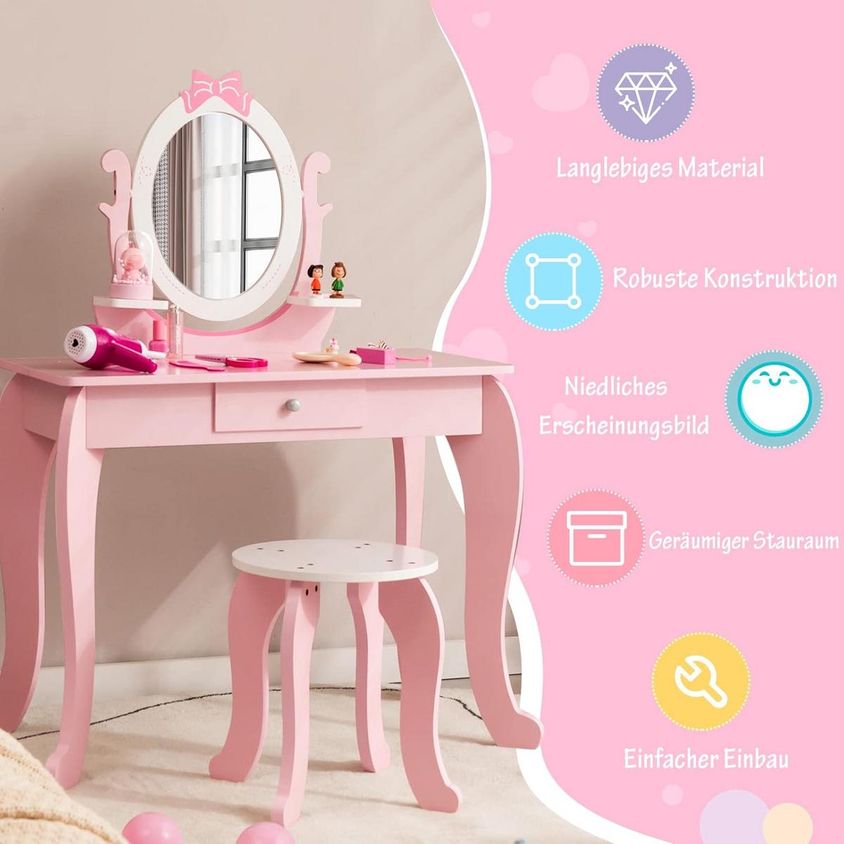 SCHMINKTISCH Set für Kinder Pink - Pink, Holz (70/101/34cm) - COSTWAY
