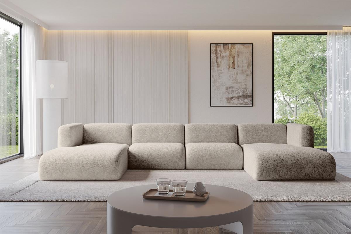 WOHNLANDSCHAFT MIRA-U2 408x179x70 Beige Velours - Beige/Schwarz, Holzwerkstoff/Kunststoff (408/70/179cm) - ALTDECOR
