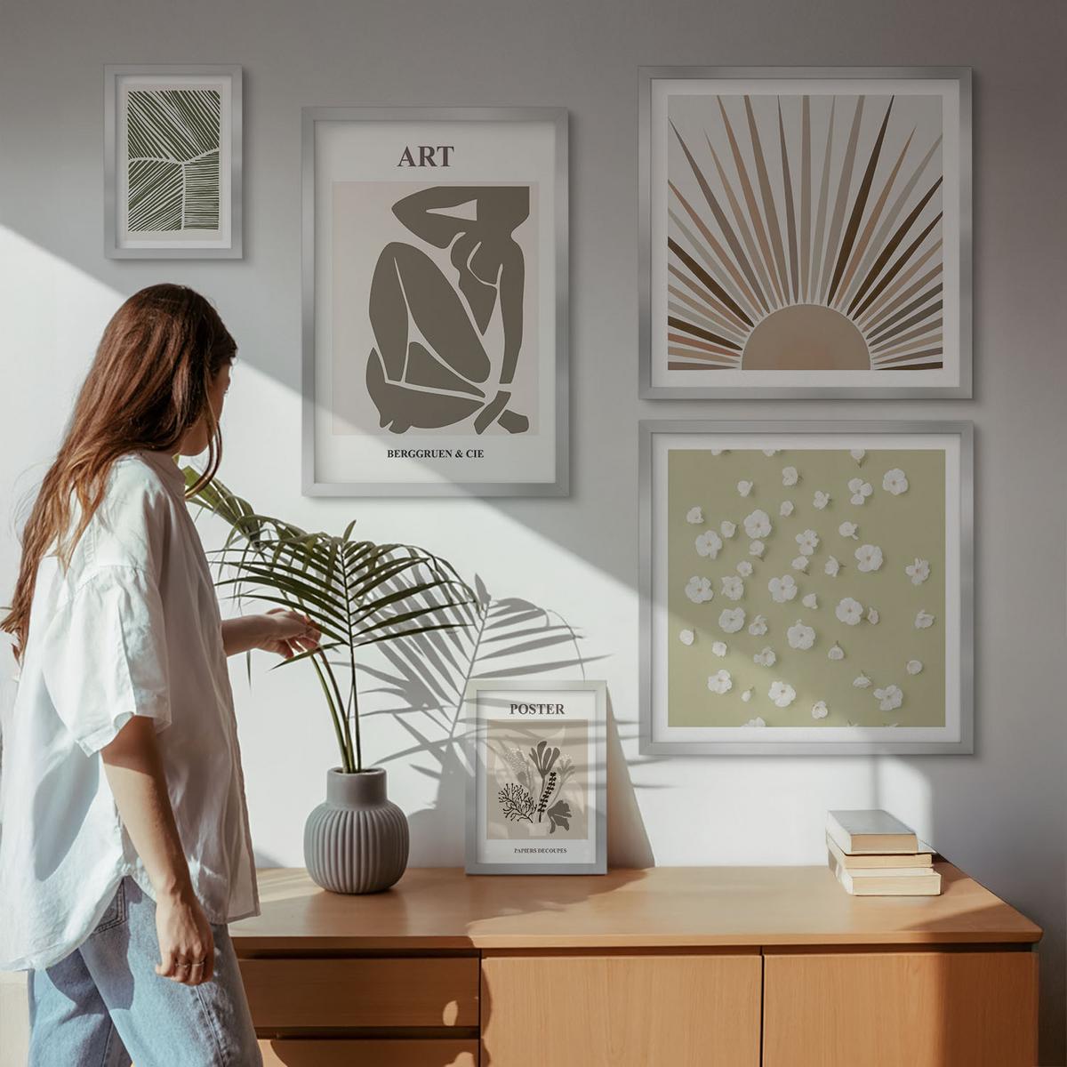 BILDER SET 5er Set - 50x50 cm & 20x30 cm & 40x60 cm Silberner Rahmen - Pflanzenmotive in gedeckten Farben - Silberfarben, Kunststoff (40/60cm) - TULUP