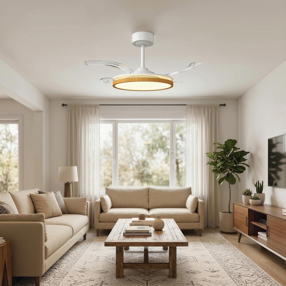 DECKENVENTILATOR-MIT-LICHT Stahl Naturholz - Naturfarben, Metall (95/95/36cm) - HOMCOM