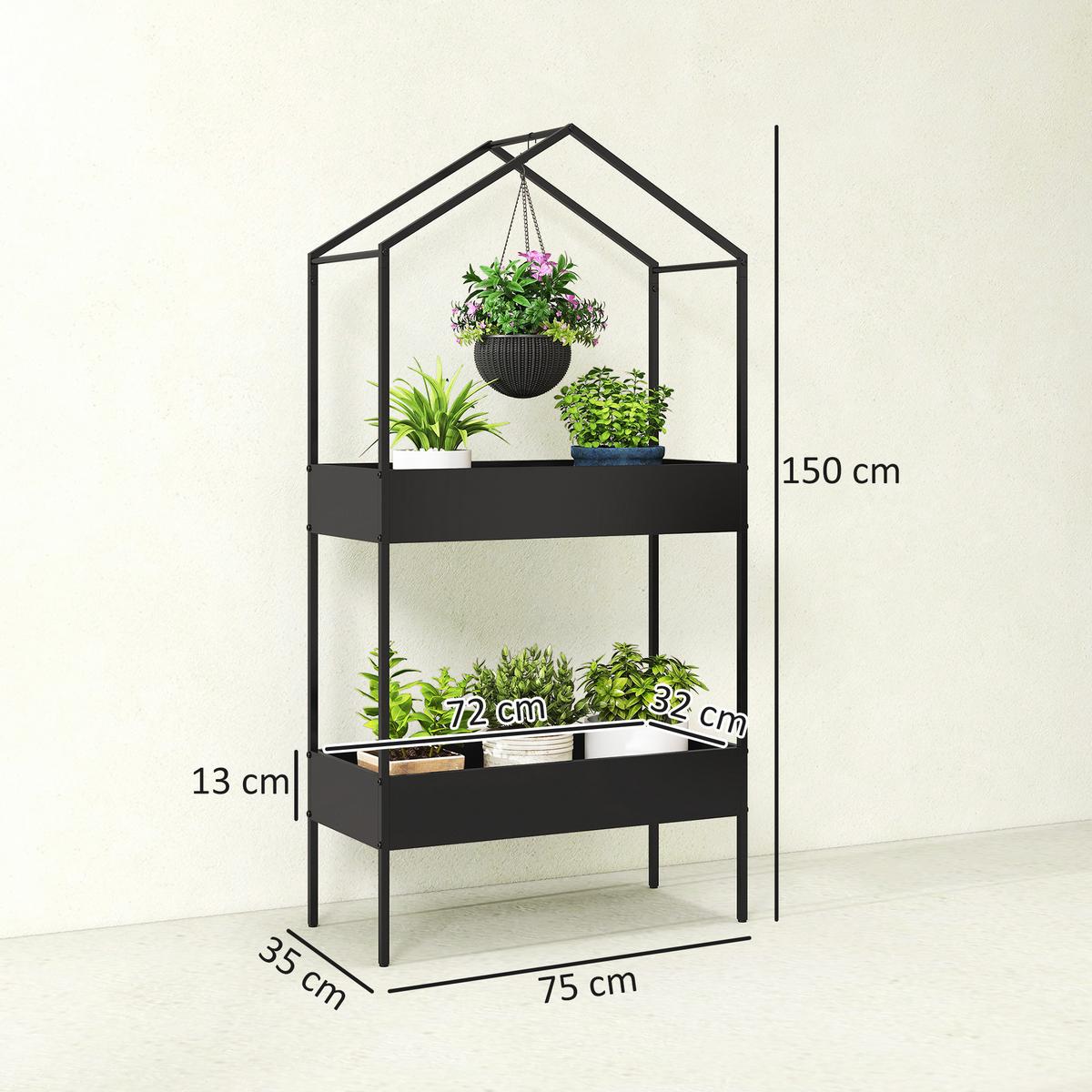 2-ETAGEN Pflanzenständer in Hausform, 150 cm hoch Blumenständer mit Haken - Schwarz, Kunststoff/Metall (35/150/75cm) - Outsunny