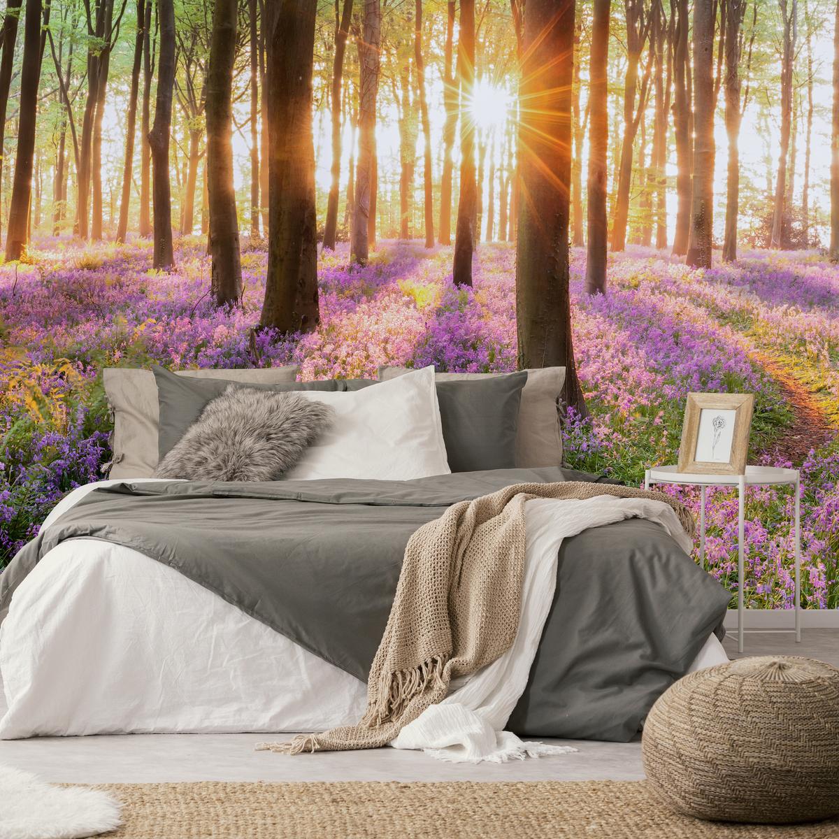 FOTOTAPETE Wald Blumen Sonnenaufgang Landschaft 3D 350x256 - Gelb/Beige, Papier (350/256cm) - Muralo