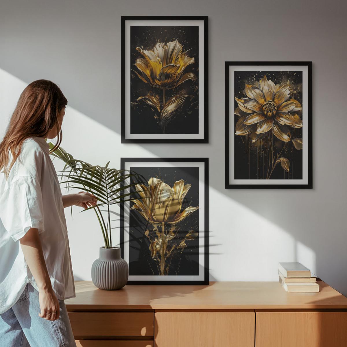 BILDER SET 3er Set - 40x60 cm Schwarzer Rahmen - Gelbe Blüten auf dunklem Hintergrund - Schwarz, Kunststoff (40/60cm) - TULUP