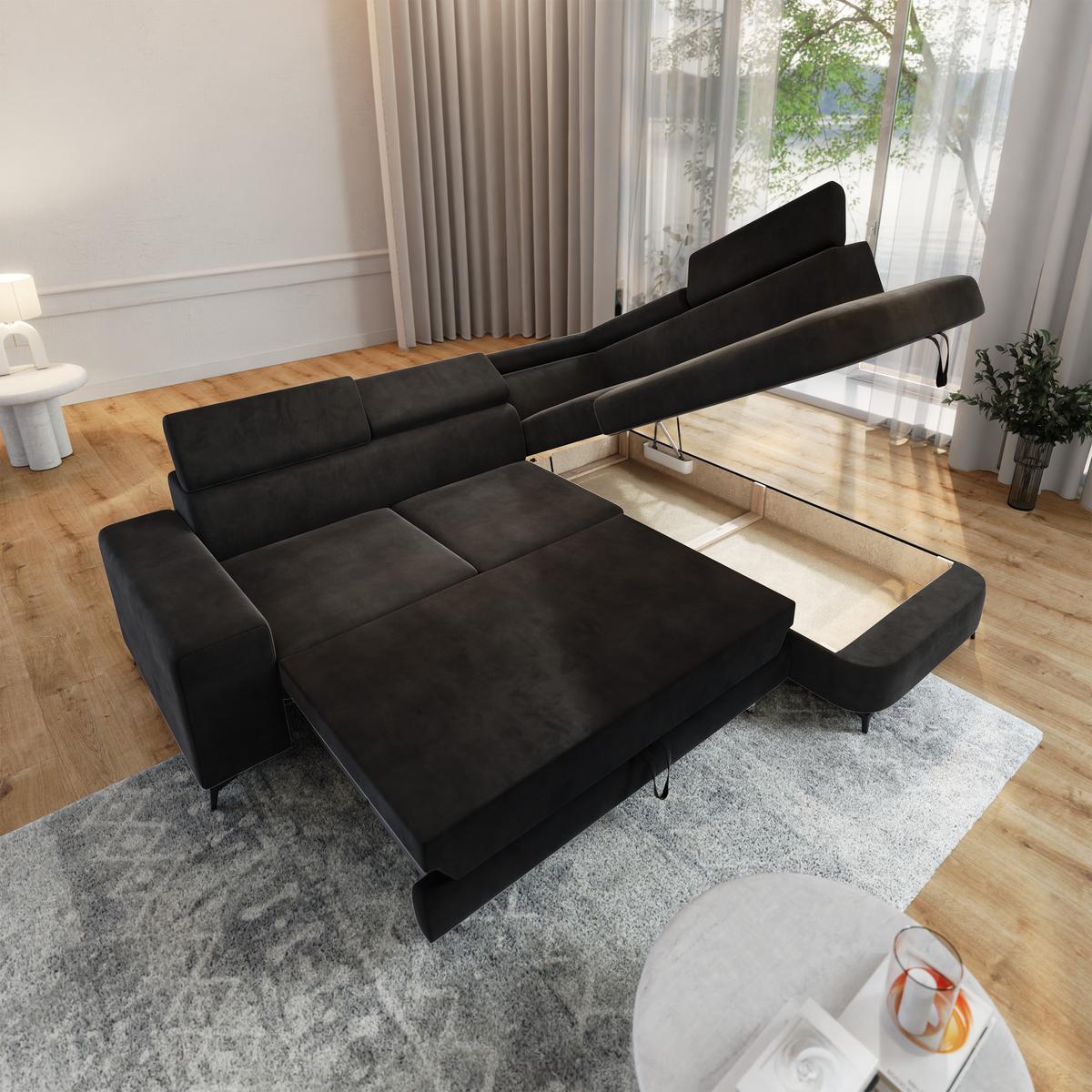ECKSOFA ALVORO R-S Schwarz Velours-Stoff mit Schlaffunktion - Schwarz, Holz (253/190cm) - MASSENO