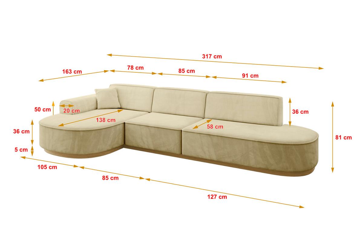 ECKSOFA Ottomane Links MARI-L2-v2 - 328x171x83 cm Beige Velours - Beige, Holzwerkstoff/Textil (328/171cm) - ALTDECOR