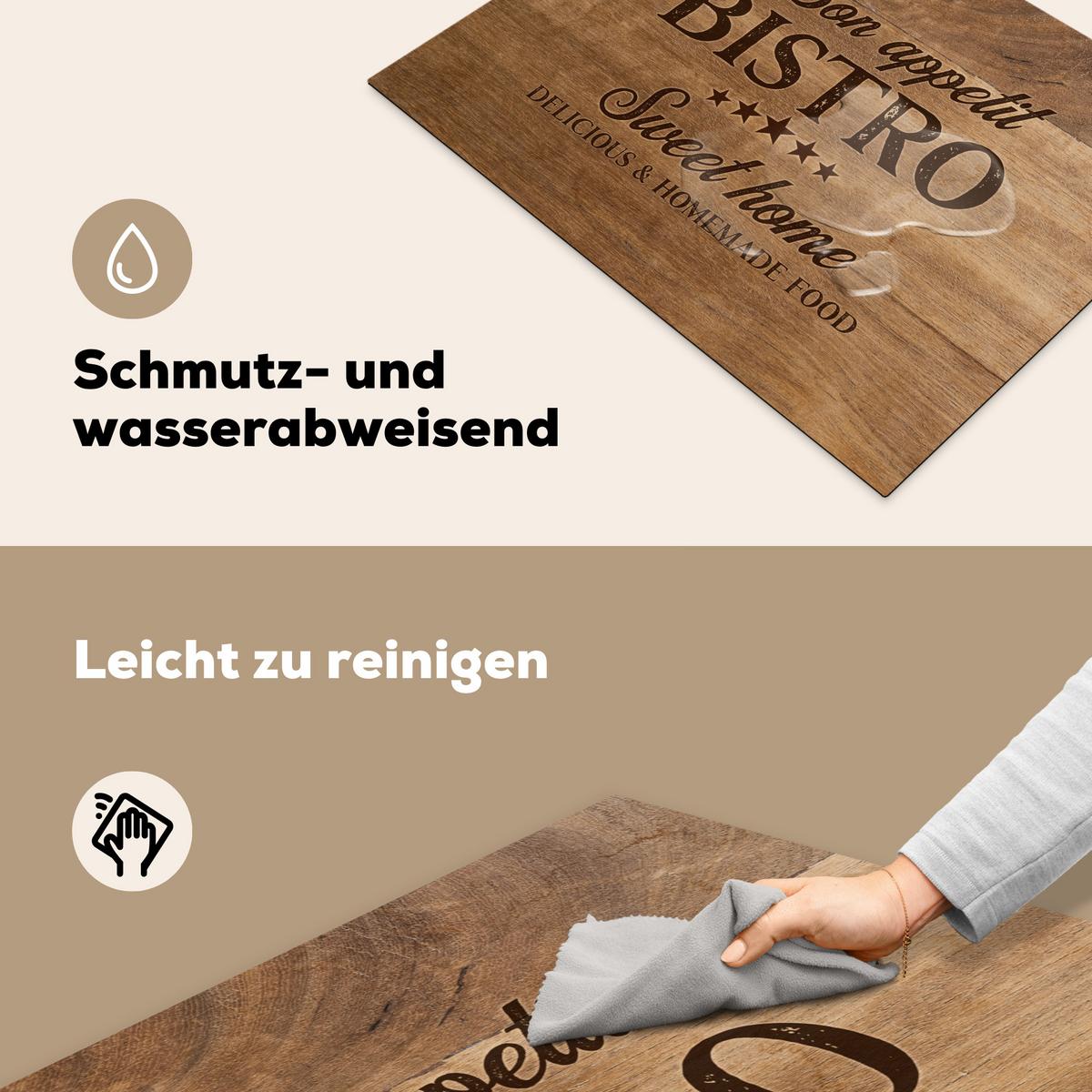 HERDABDECKPLATTE Zitat - Bistro - Guten Appetit - Süßes Zuhause - Holzmaserung Herdabdeckung Induktionsfeld 70x52 cm - Braun, Kunststoff (70/52/0.2cm) - MuchoWow