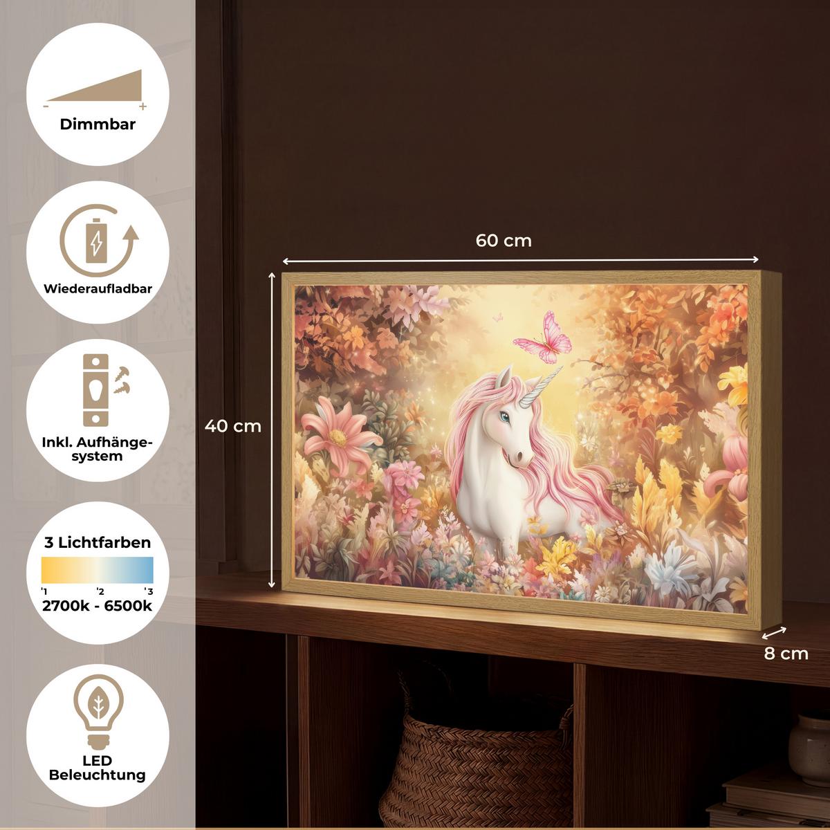 WANDLEUCHTE MIT AKKU Einhorn - Blumen - Schmetterling - Rosa 60x40 cm - Beige, Holzwerkstoff (60/40/8cm) - OnlyWow