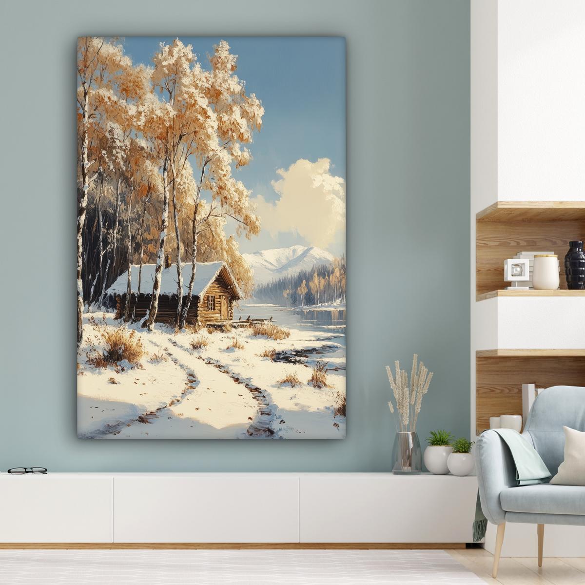 LEINWANDBILD Winter - Schnee - Zuhause - Natur Deko Groß 90x140 cm - Hellbraun, Textil (90/140cm) - MuchoWow