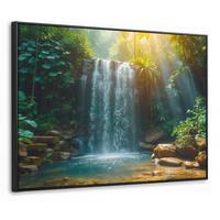 LEINWAND Bilder mit Rahmen - Wasserfall - Dschungel - Sonne - Grün - Natur - 100x70 - Grün, Textil (100/70cm) - MuchoWow