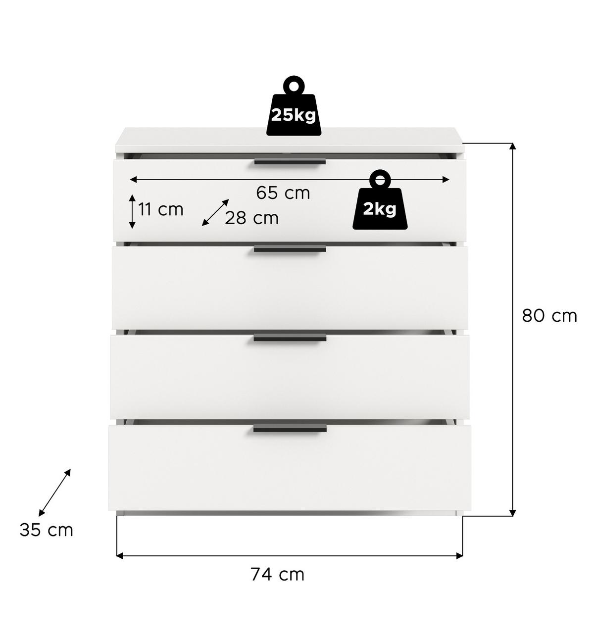 KOMMODE weiß 74 x 80 cm, Schubladenkommode mit 4 Schubkästen - Weiß, Holzwerkstoff/Metall (74/80/35cm) - Inn.Furn
