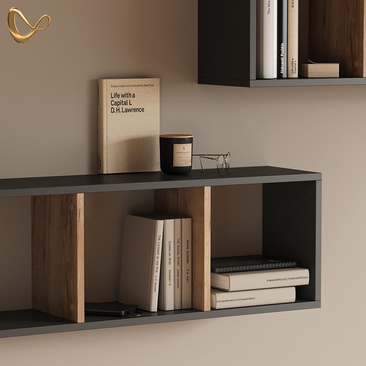 WANDREGAL Lorena Anthrazit/Goldkraft Eiche 90 x 30 cm 2er Set - Honigeiche/Anthrazit, Holzwerkstoff (90/30/22cm) - Livinity®