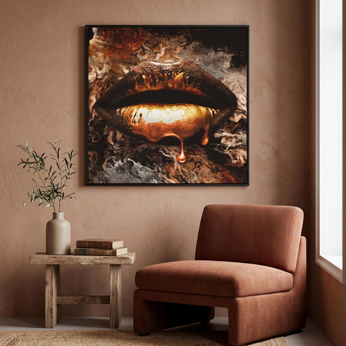 LEINWAND Bilder mit Rahmen - Gold - Lippen - Kunst - Gold - Luxus - Abstrakt - 90x90 - Kupferfarben, Textil (90/90cm) - MuchoWow