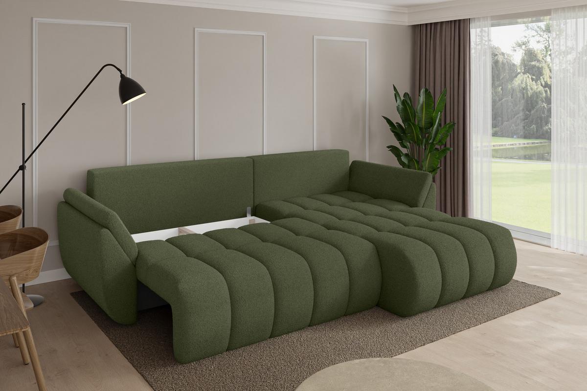 ECKSOFA mit Schlaffunktion Ottomane Rechts TOKO-L-v1 277x194x86 Grün Bouclé - Schwarz/Olivgrün, Holzwerkstoff/Kunststoff (277/194cm) - ALTDECOR