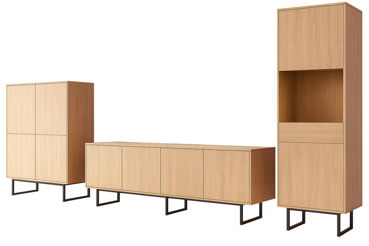 WOHNWAND Stone Eiche, 3-teilig 400 cm, Schrankwand mit Push-to-Open - Eichefarben/Schwarz, Holzwerkstoff/Metall (400/200/40cm) - Furn.Design