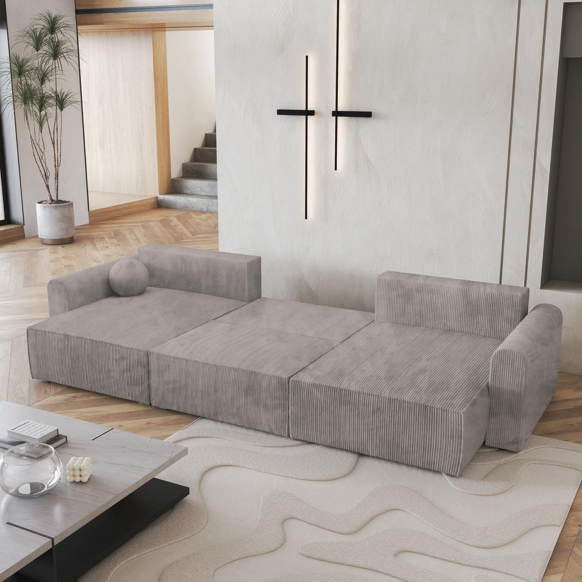 WOHNLANDSCHAFT FENTO P Beige Kordstoff mit Schlaffunktion - Beige/Grau, Holz/Kunststoff (347/90/148cm) - MASSENO