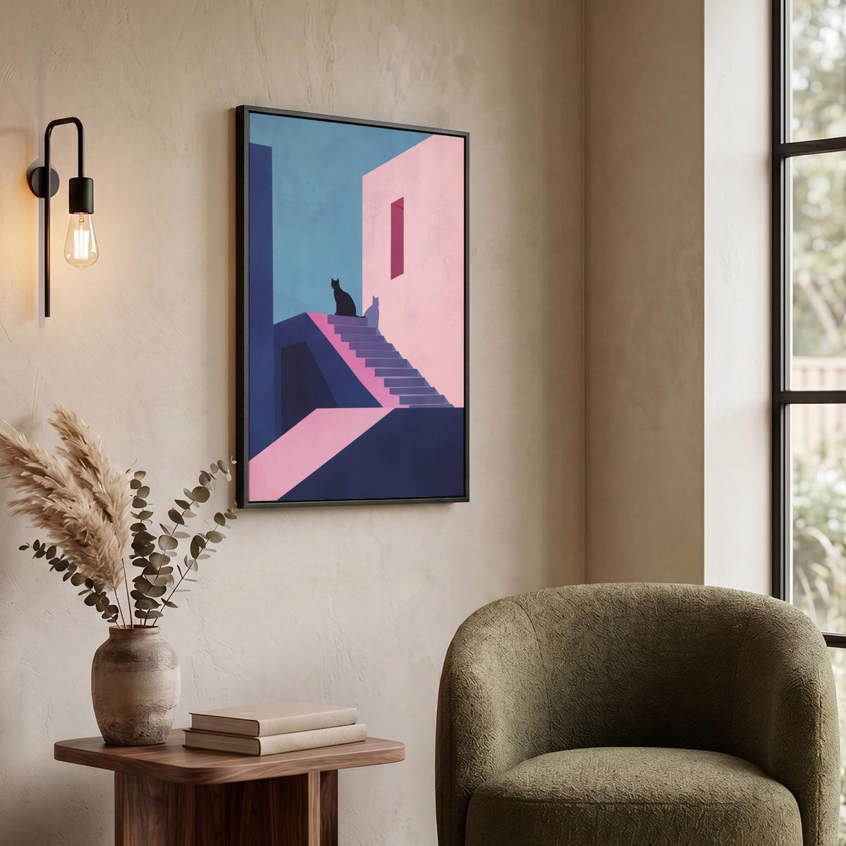 LEINWAND Bilder mit Rahmen - Katze - Treppe - Gebäude - Schattenkontraste - 60x80 - Dunkelblau, Textil (60/80cm) - MuchoWow