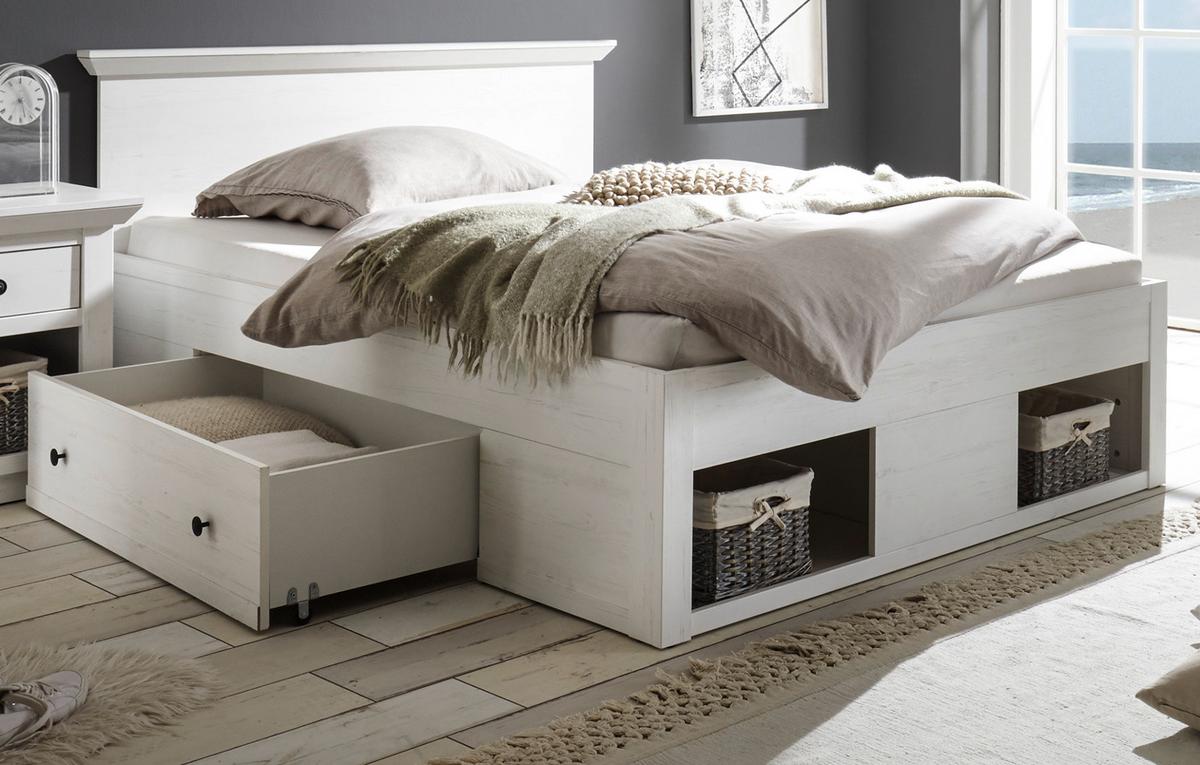 BETT Pinie weiß Liegefläche 140 x 200 cm, Stauraumbett mit Bettschubkasten - Schwarz/Weiß, Holzwerkstoff/Kunststoff (140/200cm) - Furn.Design