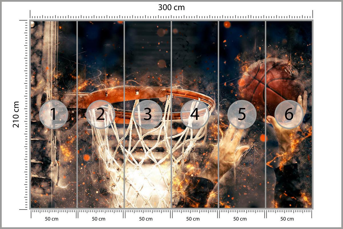 FOTOTAPETE für Jugendzimmer Aquarell Basketball Dunk Sport 300x210 - Beige/Schwarz, Papier (300/210cm) - Muralo