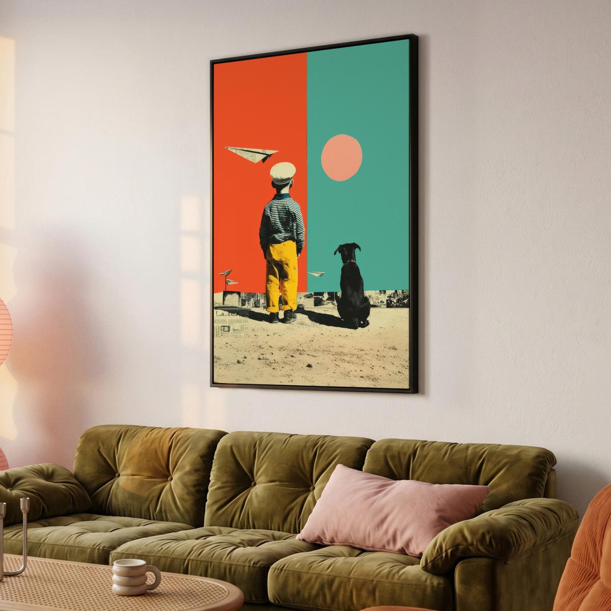 LEINWAND Bilder mit Rahmen - Retro - Junge - Hund - Rot - Grün - 80x120 - Orange, Textil (80/120cm) - MuchoWow