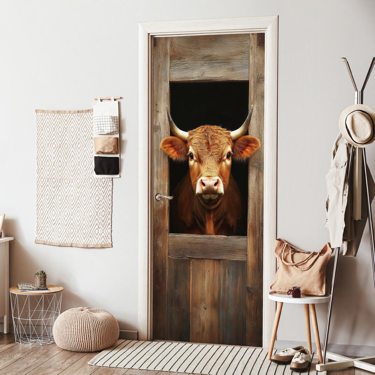 TÜRAUFKLEBER Kuh - Fenster - Holz - Tiere 90x235 cm - Türtapete - Wengefarben, Kunststoff (90/0.1cm) - MuchoWow