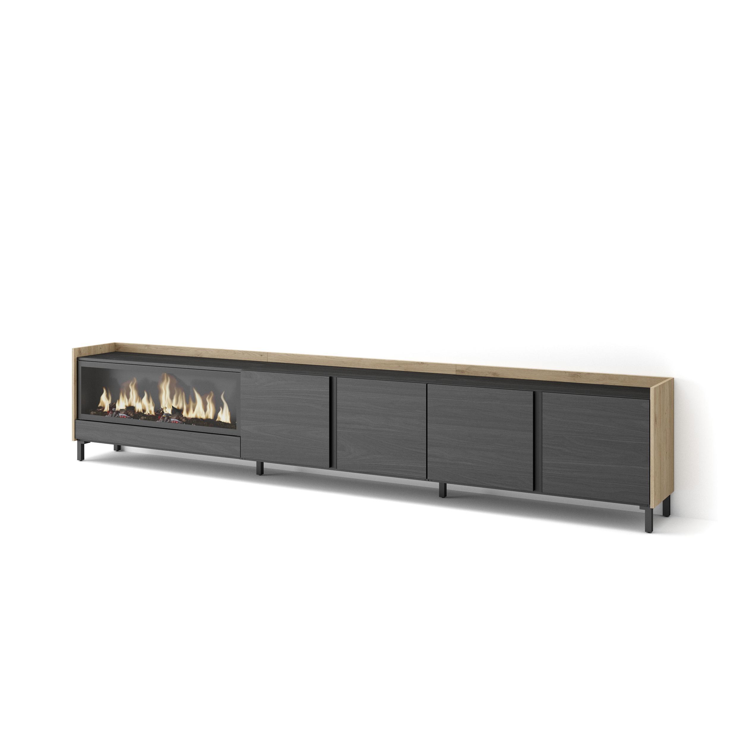 LOWBOARD, Schwarz und Eiche, 315/35/61cm, Kamin mit Feuereffekt XXL - Schwarz, Holzwerkstoff (315/61/35cm) - Skraut Home