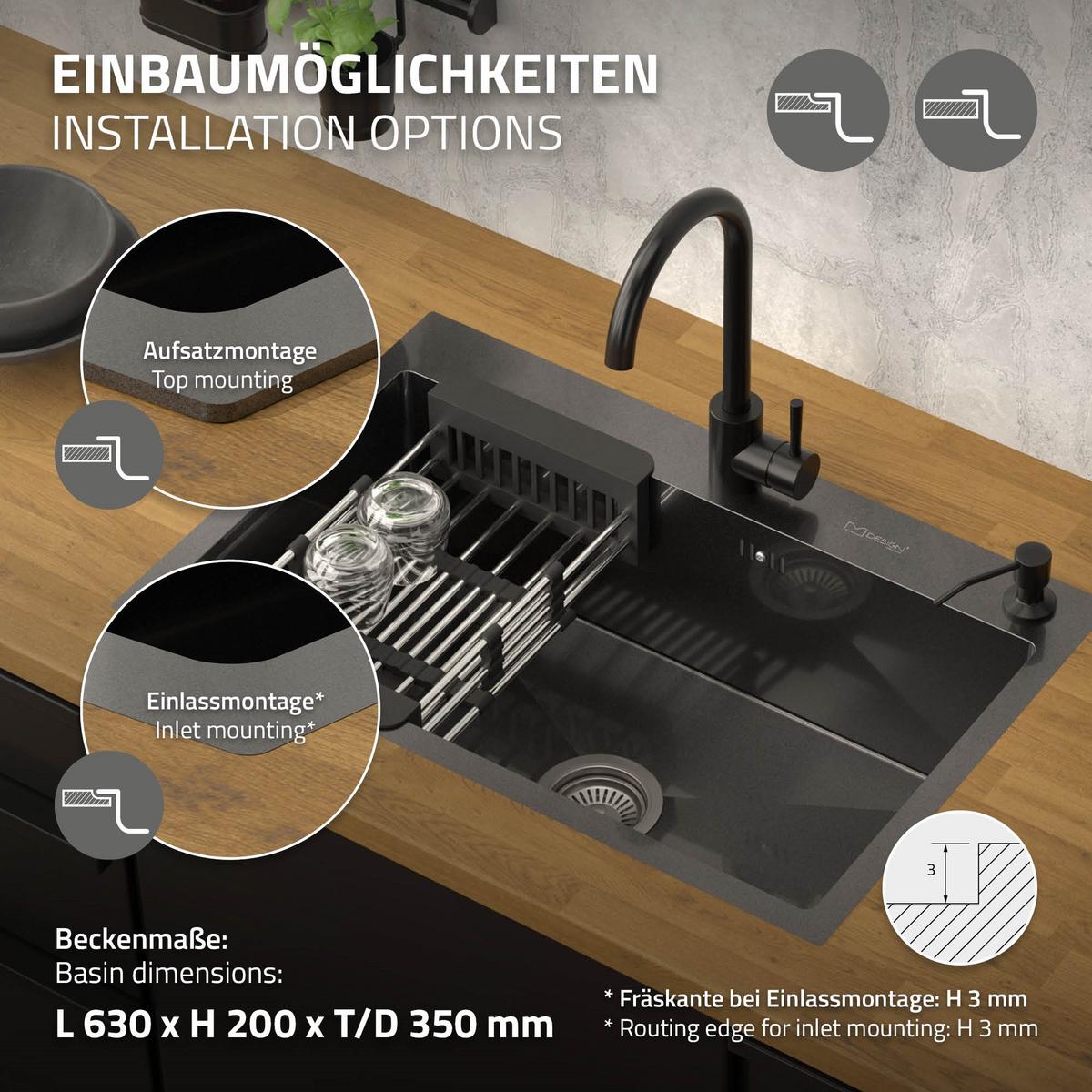 SPÜLBECKEN aus Edelstahl 68x45 cm Anthrazit mit Siphon und Seifenspender - Anthrazit, Metall (45/19/68cm) - ML-DESIGN