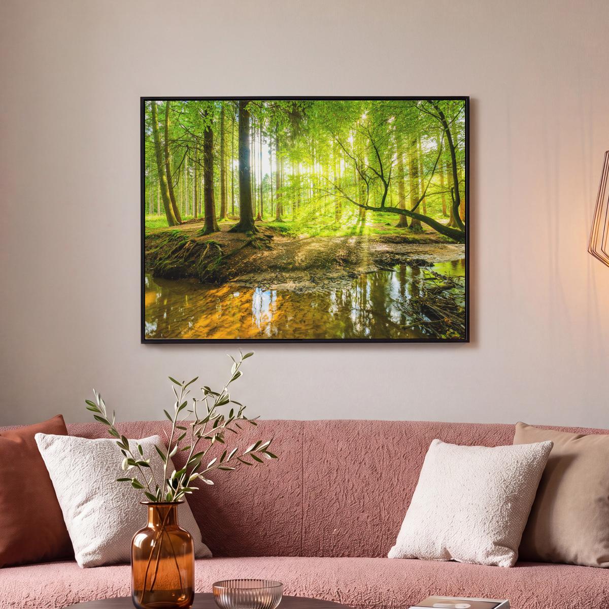 LEINWAND Bilder mit Rahmen - Wald - Landschaft - Wasser - Bäume - Sonne - Grün - Natur - 80x60 - Grün, Textil (80/60cm) - MuchoWow