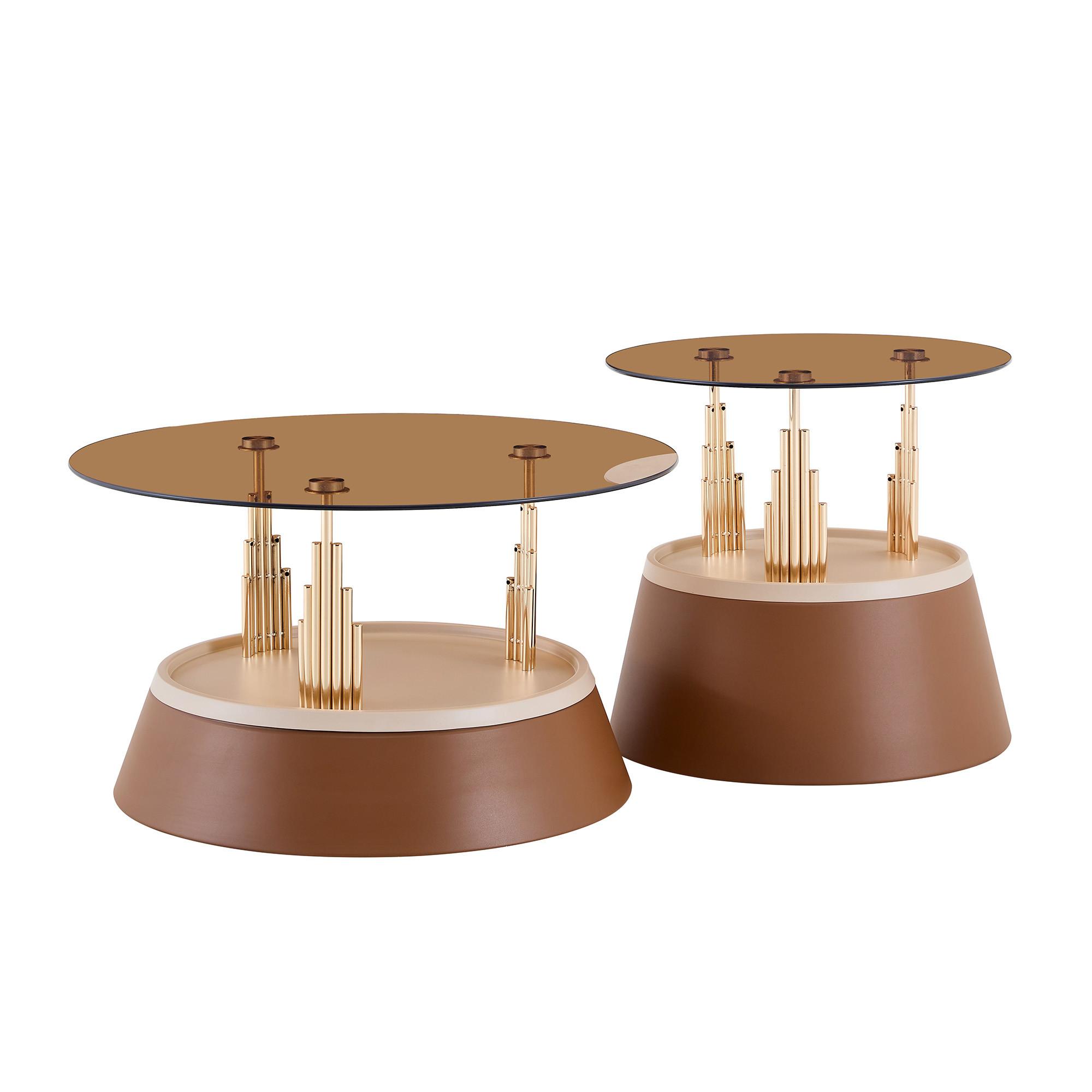 COUCHTISCH 2-teilig Glas & Metall Nesting-Design Rund Braun - Braun, Glas (48/70/60cm) - Urban Meuble