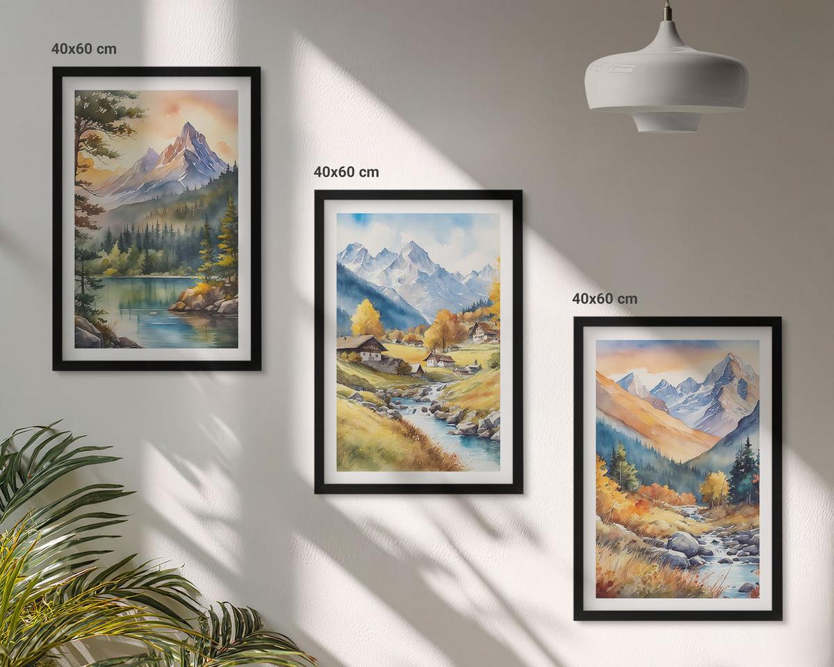 BILDER SET 3er Set - 40x60 cm Schwarzer Rahmen - Berglandschaft mit einem Fluss - Schwarz, Kunststoff (40/60cm) - TULUP