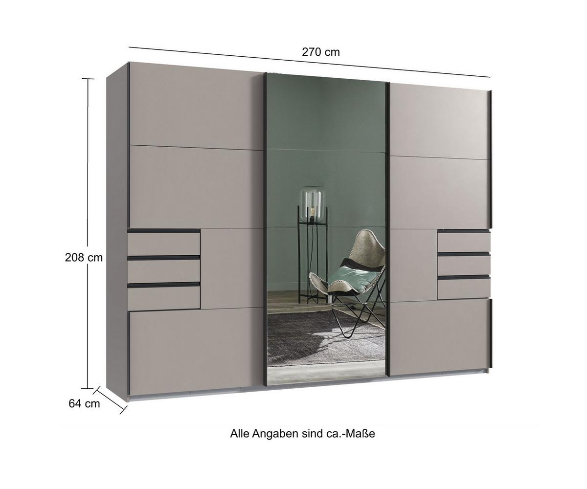 SCHWEBETÜRENSCHRANK 3-türig B270/H208/64 cm, Sandgrau, eine Spiegeltür, Kleiderschrank mit Schubladen & Vollausstattung / 22615 - Sandfarben/Anthrazit, Holzwerkstoff/Metall (270/208/64cm) - luma-home