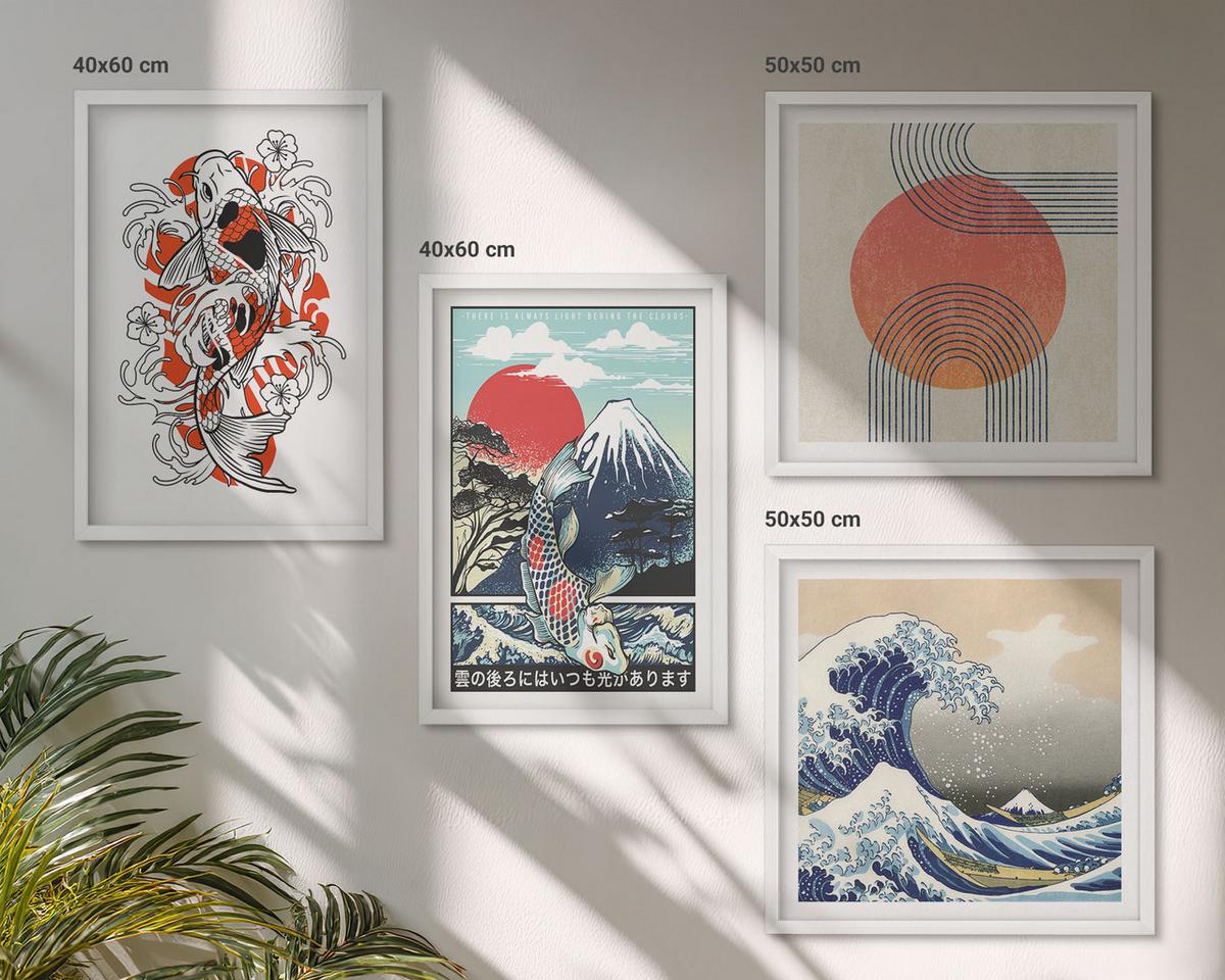 BILDER SET 4er Set - 50x50 cm & 40x60 cm Weißer Rahmen - Illustrationen von Fischbergen, die sich in Japan ausbreiten - Weiß, Kunststoff (50/50cm) - TULUP
