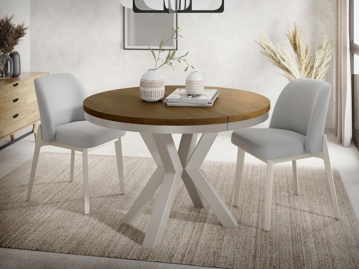 ESSTISCH Clara Grau-Beige runder ausziehbarer, Lefkas Eiche 120-200/120/76 cm - Alteiche/Greige, Holzwerkstoff/Metall (120/196/76cm) - WFL GROUP