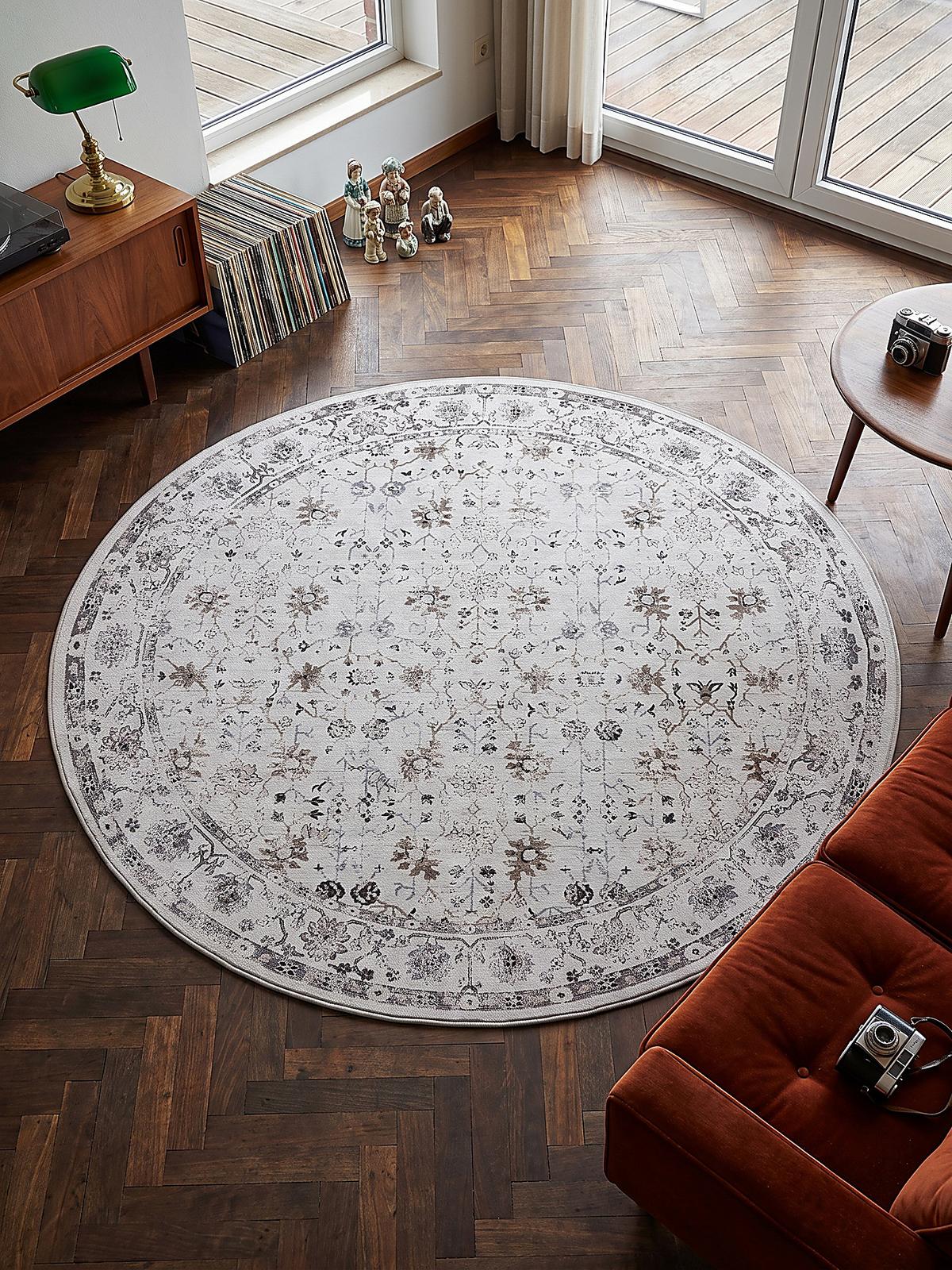TEPPICH Kurzflor, waschbar, mit floralen Ornamenten, VERNANTE in Creme, Ø 120 cm - Beige, Textil (120/120cm) - KADIMA DESIGN