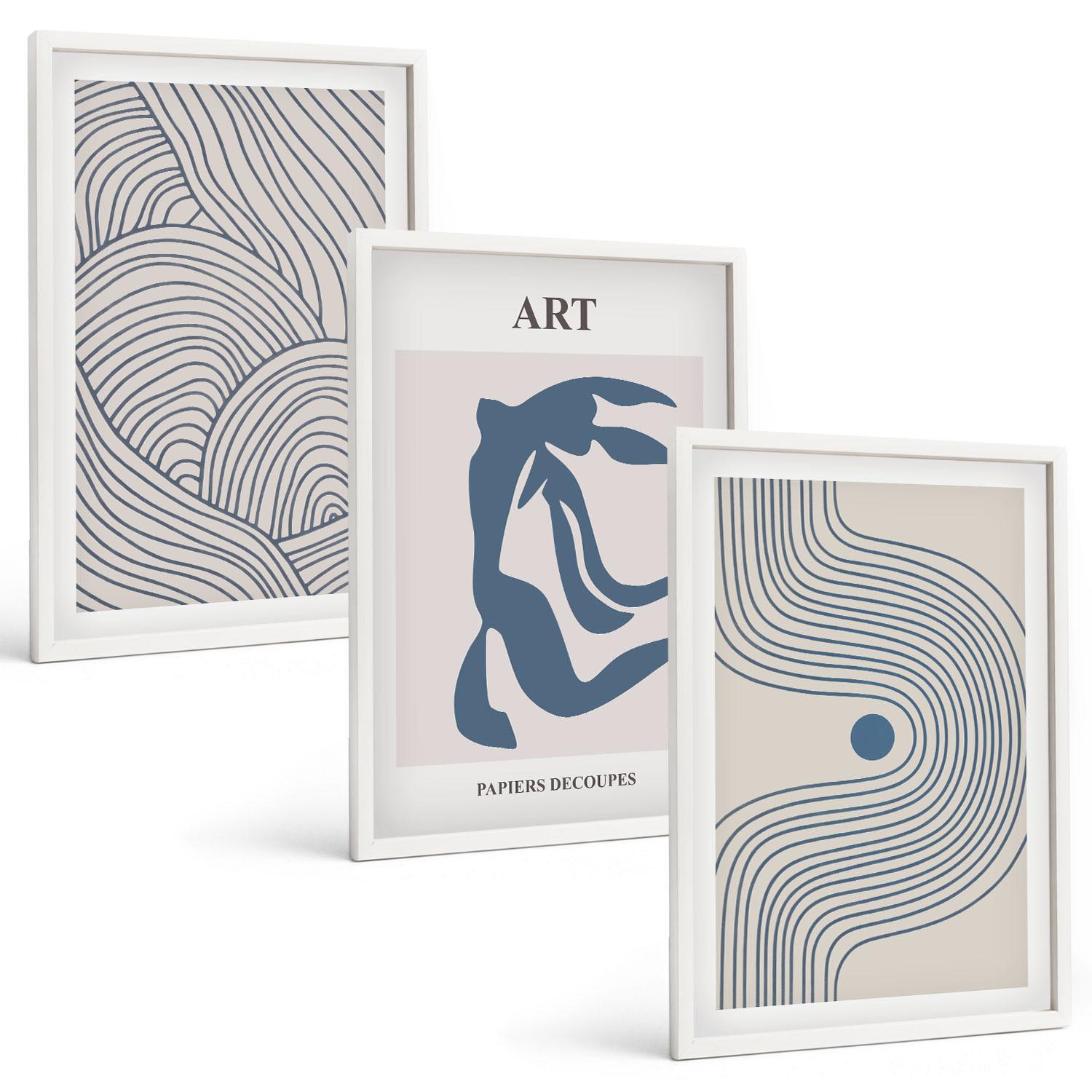 BILDER SET 3er Set - 40x60 cm Weißer Rahmen - Abstrakte blaue Linien - Weiß, Kunststoff (40/60cm) - TULUP