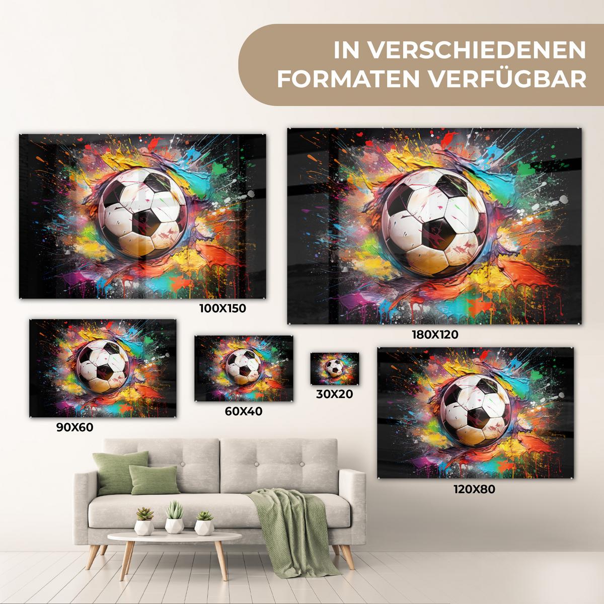ACRYLGLASBILD Fußball - Farbe - Farben - Schwarz - Weiß Wanddeko 60x40 cm - Weiß, Glas (60/40cm) - MuchoWow